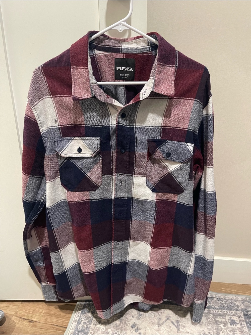 RSQ Men's Burgundy Navy Gray Plaid Button-Down Shirt